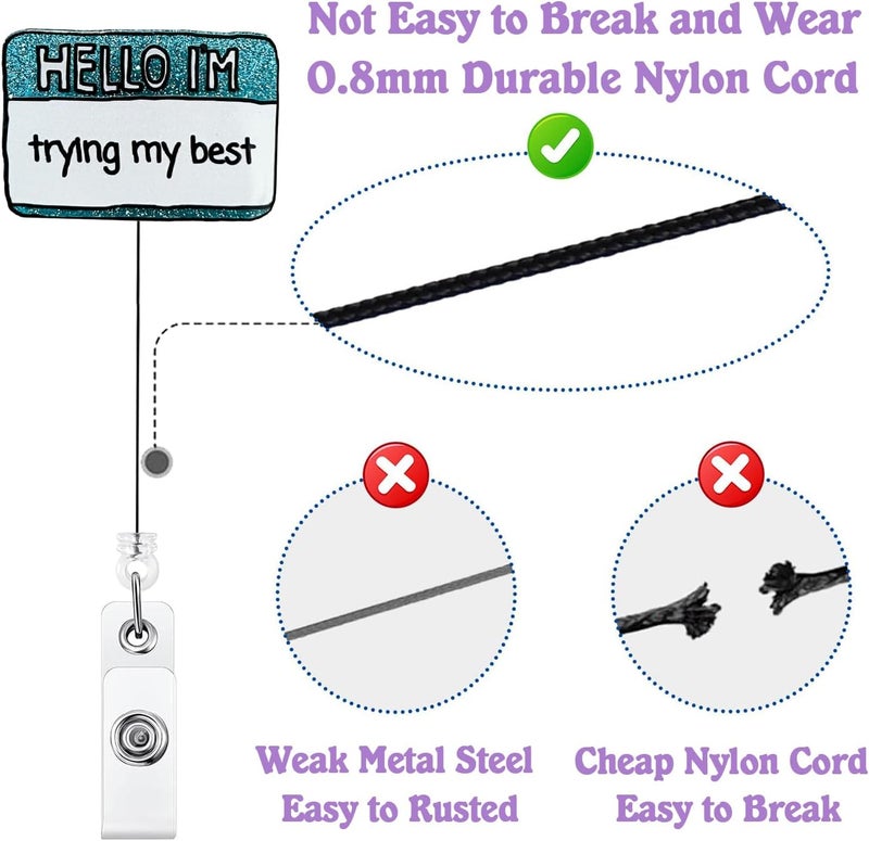Bydevia Hello I'm Trying My Best Badge Reel Retractable, Funny Badge Reel for Nurse Nursing Student RN MA CNA LPN Medical Worker & Teacher, ID Name Badge Holder with Alligator Clip & 24” Durable Nylon Cord - Image 4